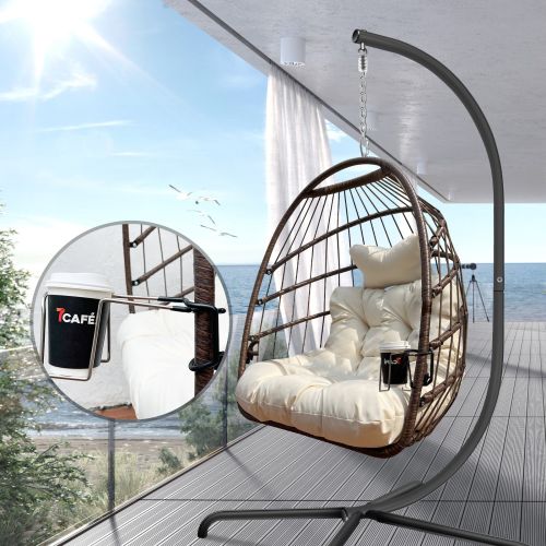 Swing Egg Chair With Stand Indoor Outdoor, UV Resistant Cushion Hanging Chair With Guardrail And Cup Holder, Anti-Rust Foldable Aluminum Frame Hammock